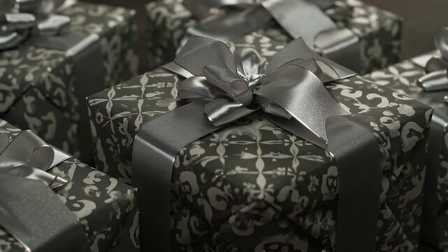 Luxurious Black Damask Gift Boxes Tied with Glossy Satin Ribbons for Celebration