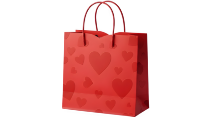 Red gift bag with embossed hearts for valentines day or romantic occasion isolated on transparent background