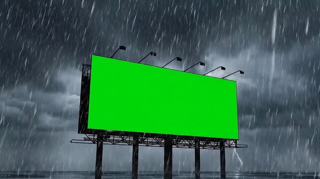 Large green billboard on rainy night with dark stormy clouds