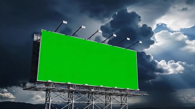 Large green billboard on metal structure under stormy sky with rays of sunlight