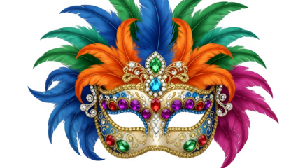 Ornate venetian masquerade mask with colorful feathers and jewels for carnival or mardi gras celebration isolated on transparent background