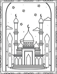 Elegant Islamic Mosque Illustration with Crescent Moon and Minarets. Mosque Coloring Page For Kids And Adults.