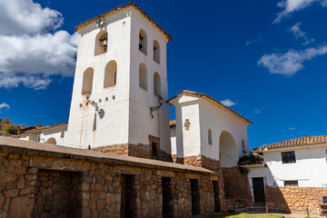 Fototapeta premium Sacred valley of Incas ruins and fortress in Cusco, Peru. Chinchero Citadel in Peru, the historic capital of the Inca Empire. Historical heritage of ancient Inca civilization