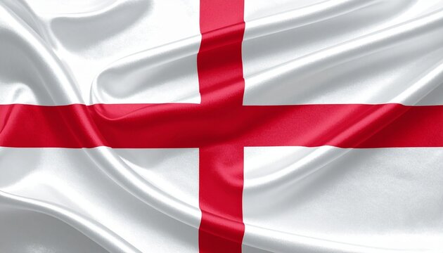 England flag with red cross on white background, waving dynamically in open air.