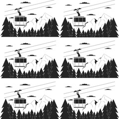Mountain cable car landscape pattern showing ski lift gondola over pine forest and snowy peaks in monochrome flat style suitable for winter resort branding tourism brochures and alpine travel art © AL