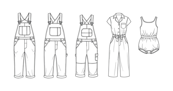 Fashion sketches of overalls and jumpsuits featuring casual designs
