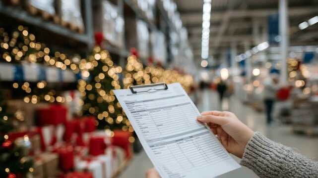 Hand gripping a Christmas shopping list in a toy store, shelves stacked with holiday gifts, bright festive decorations surrounding, conveying joyful shopping concept