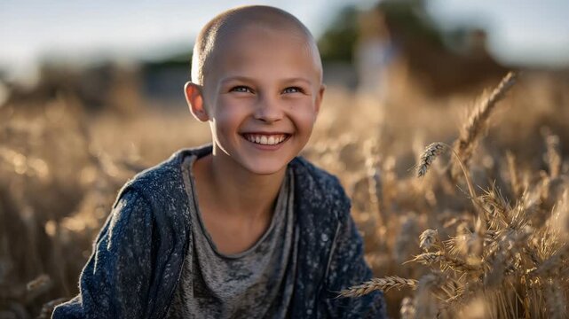 Hairless child laughing gently in a sun-drenched wheat field, golden grains surrounding him, embodying resilience and joy despite health struggles