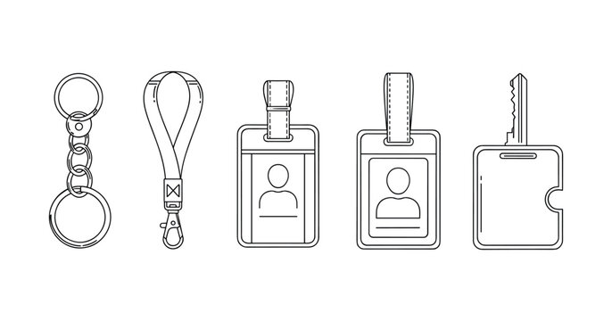 Outline of keychain, lanyard, id badges, and key holder on white background