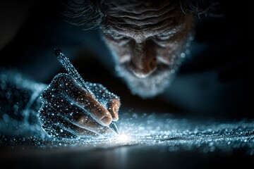An old man, with hand and digital pen writing the future with technological connection, innovation and inspiration.
