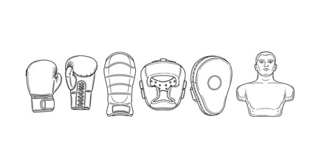 Boxing equipment set: gloves, pads, dummy, headgear line art