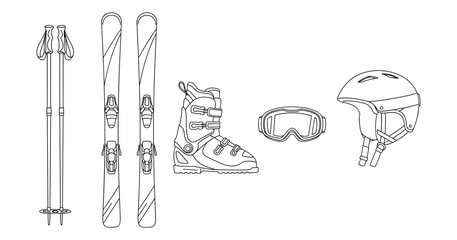 Ski equipment line art: skis, poles, boots, goggles, helmet