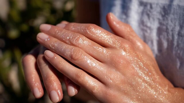Hands applying hydrating gel to dewy skin, reflecting sunlight for a fresh, healthy glow