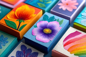 Stacks of handmade paper cards adorned with colorful floral designs, perfect for stationery, greetings, or artistic projects.