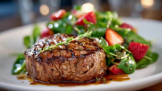 High-detail culinary presentation of juicy grilled steak paired with leafy green salad and sliced strawberries, plated on a bright white dish with elegant restaurant-style composit
