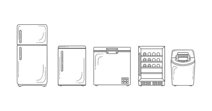 Collection of various home appliance illustrations: refrigerator, freezer, wine cooler, ice maker