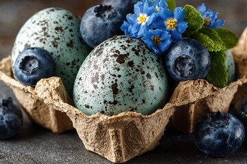 Delicate still life composition displaying speckled blue eggs, blueberries, and vibrant blue flowers in an egg carton.