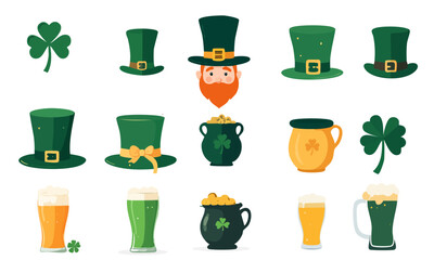 St. Patrick’s Day icon set with traditional Irish symbols including leprechaun hat, beer, shamrock, and festive elements. Flat vector illustrations for holiday designs and marketing.