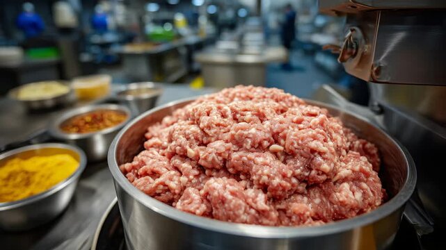 Industrial grinder filled with minced sausage, close-up view of rotating meat texture, nearby spice bowls ready for mixing, clean bright facility