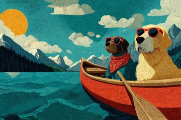 Two cool dogs wearing sunglasses enjoy a canoe ride across a calm lake surrounded by mountains.