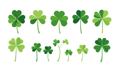 Vector set of green shamrock and clover elements in different shapes and sizes. Traditional Irish symbol associated with luck and St. Patrick’s Day. Perfect for decorations, patterns, icons, and festi