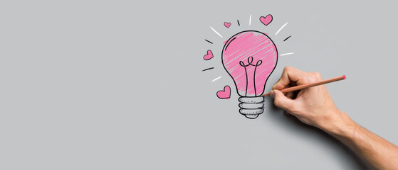 Hand drawing pink lightbulb with hearts on grey background, creative idea, love concept, innovation sketch, romantic inspiration, imagination, emotional intelligence, artistic expression, copy space