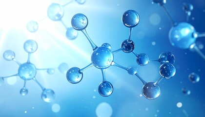 Stylized molecular structure with glowing spheres and bonds on blue gradient background with light rays.