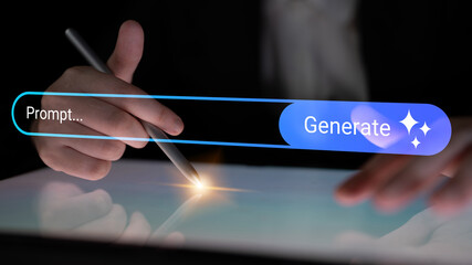 A close-up view of hands using a stylus on a glowing touch screen in a modern workspace, highlighting the intersection of creativity and technology in digital art. Gantry