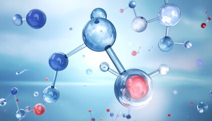 Stylized molecular structure with glowing spheres and bonds on blue gradient background with light rays.