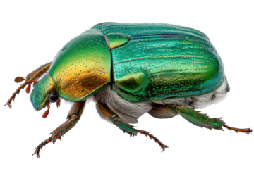 Bright green beetle crawls on a white surface capturing attention with its vivid color and unique form