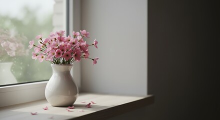 pink flowers in white vase on windowsill indoors © fatema202