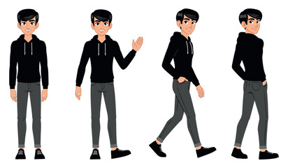 Young male animated character in black hoodie and gray pants in various poses