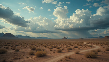 A desert landscape with a dirt road and mountains in the distance under a cloudy sky