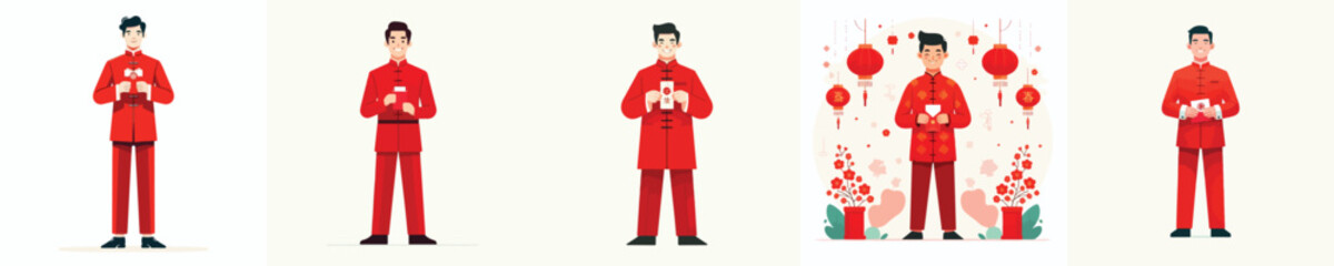 vector man standing holding red envelope at chinese new year celebration