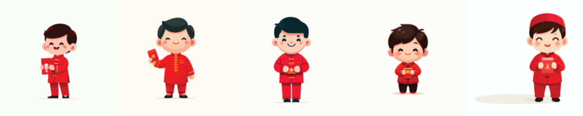 vector little boy standing holding red envelope at chinese new year celebration © Vector