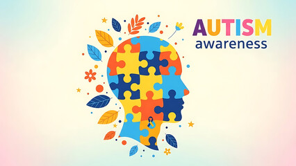 Autism Awareness Illustration with Puzzle Piece Head Profile