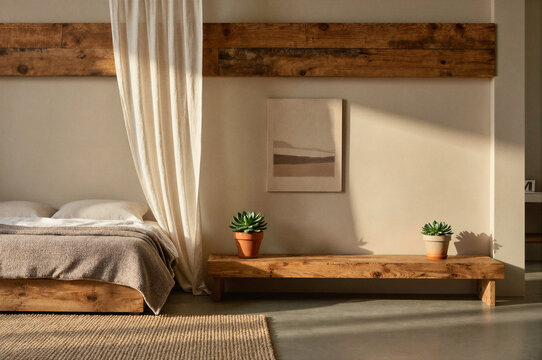 A modern bedroom with a wooden bed, bench, and plants illuminated by natural sunlight.
