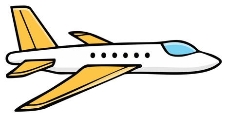Cartoon airplane with yellow accents flying in sky with blue windows