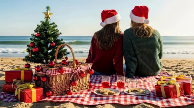 Two women in Santa hats enjoy Christmas picnic on beach with decorated tree, gifts, and ocean view, celebrating Christmas holiday.