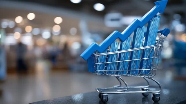 Shopping cart in bright retail store, augmented reality-style 3D graph rising from the cart, reflecting changing market and inflation trends