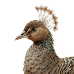 Fototapeta premium Close View of a Peacock Standing Against a White Background Showcasing Its Colors and Features