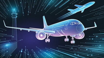 Digital Airplanes & Control Tower Illustration | Futuristic Aviation Technology