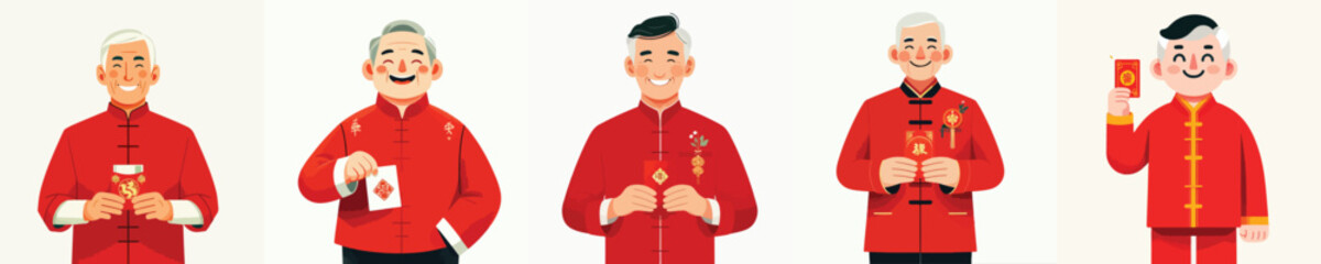 vector half body of grandfather gesture holding red envelope at chinese new year celebration