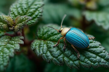 A vibrant Chrysolina graminis beetle, showcasing its iridescent blue and gold colors resting gently upon a textured green leaf.