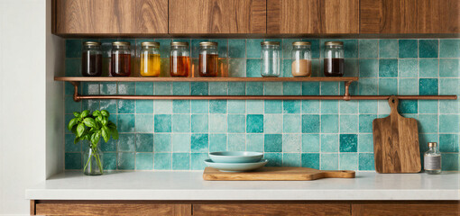 A modern kitchen counter with wooden cabinets, a teal tile backsplash, and glass jars on a copper shelf. © f_bossa