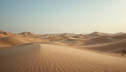 A serene desert landscape with sand dunes under a clear sky