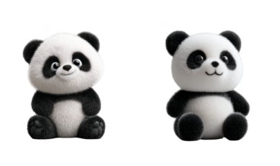 two adorable cartoon panda bears with fluffy fur and endearing expressions are displayed on transparent background