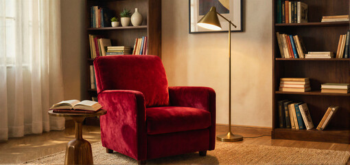 A red velvet armchair in a cozy living room with bookshelves, a floor lamp, and an open book on a side table. © f_bossa
