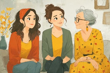 A heartwarming illustration featuring three women from different generations, sitting together on a couch in a warm, inviting atmosphere.