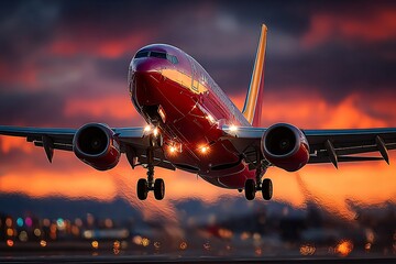 A vibrant airplane takes off against a stunning sunset sky, showcasing the marvel of modern air travel.